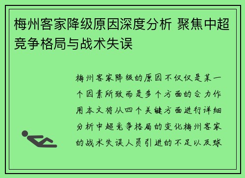 梅州客家降级原因深度分析 聚焦中超竞争格局与战术失误